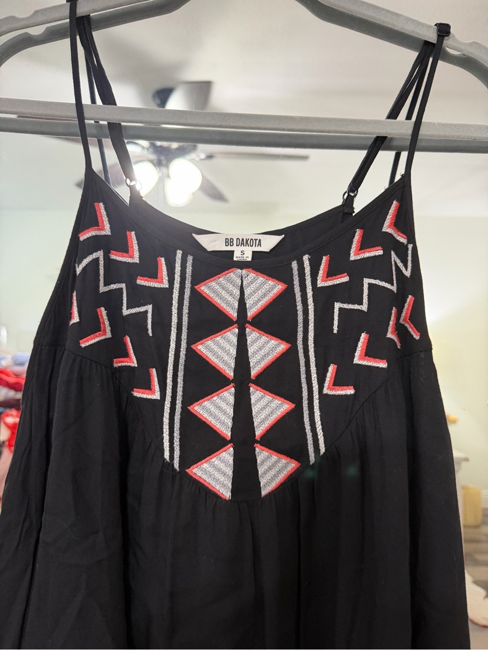 BB Dakota Black Sleeveless Dress with Red & White Geometric Embroidery